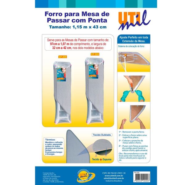 Forro para Tábua de Passar 1,15x45cm Utimil Cinza