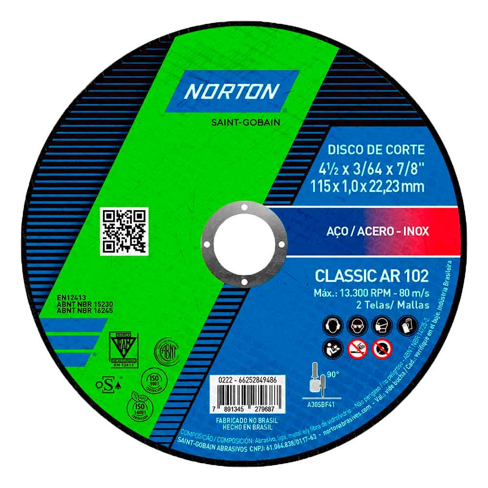 Disco de Corte Fino 4.1/2" X 1,0 X 7/8" Norton Classic AR 102